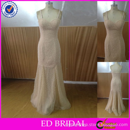 NC225 Fashion Champagne Color Spaghetti All Over Beaded Pearl Evening Dress